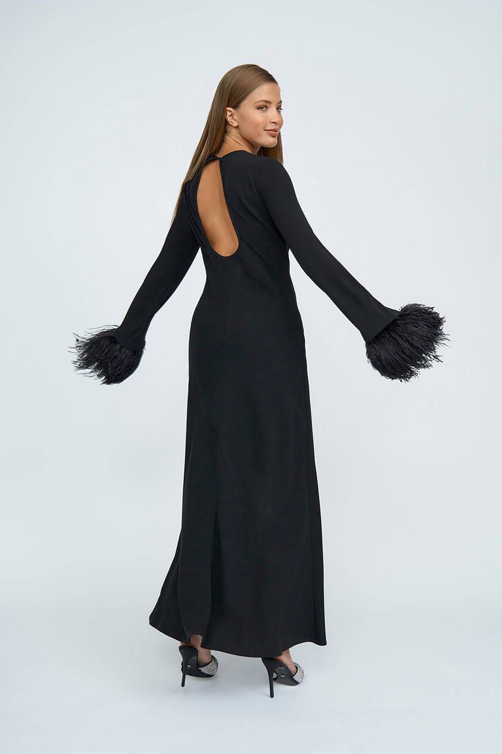 BY JOHNNY By Johnny Miranda Feather Cuff Full Length Dress - Black BELLA n' BEAR