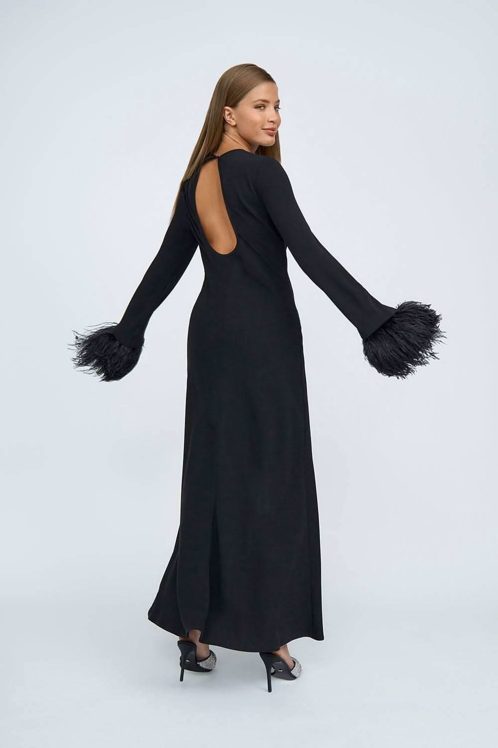 BY JOHNNY By Johnny Miranda Feather Cuff Full Length Dress - Black BELLA n' BEAR