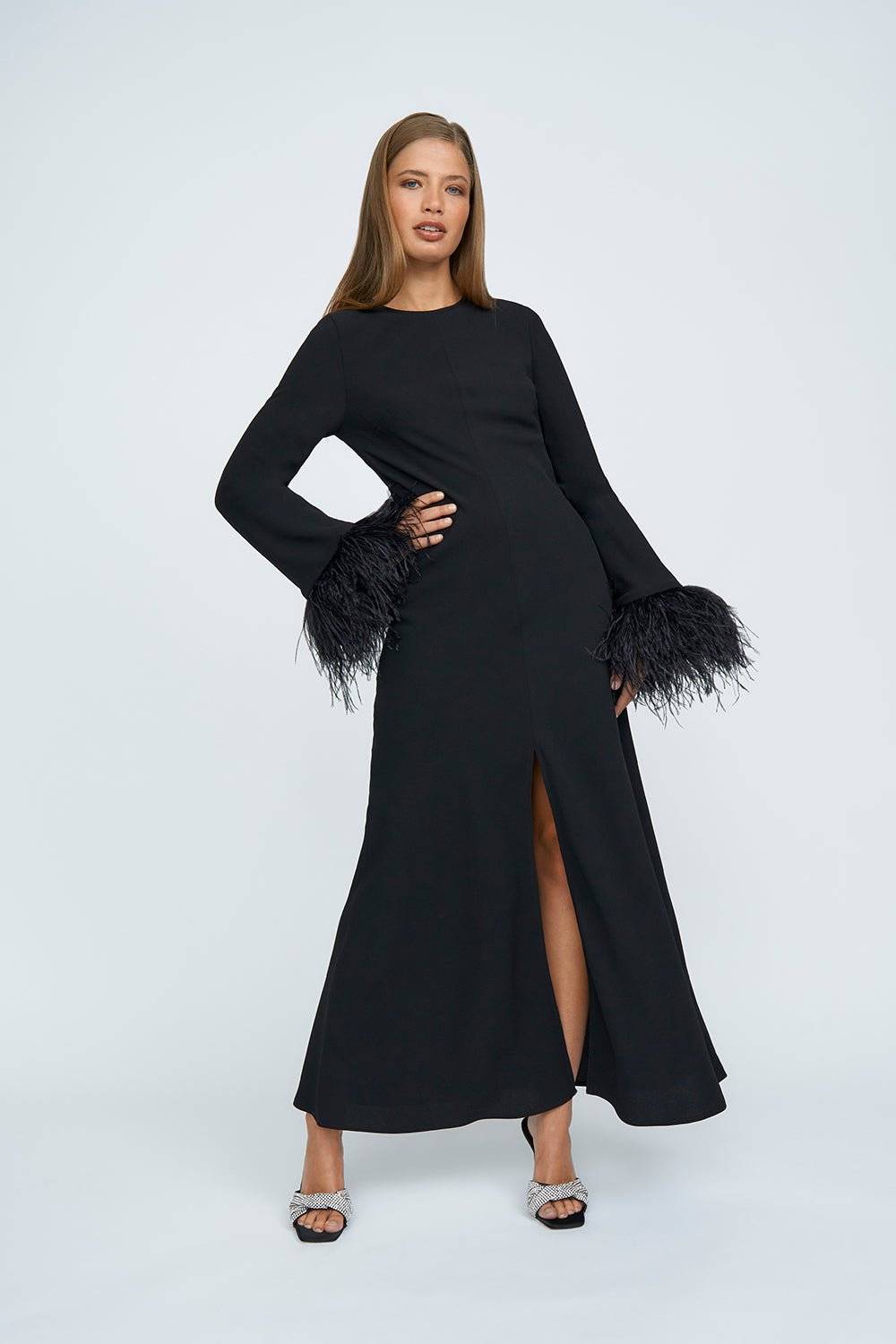 BY JOHNNY By Johnny Miranda Feather Cuff Full Length Dress - Black BELLA n' BEAR