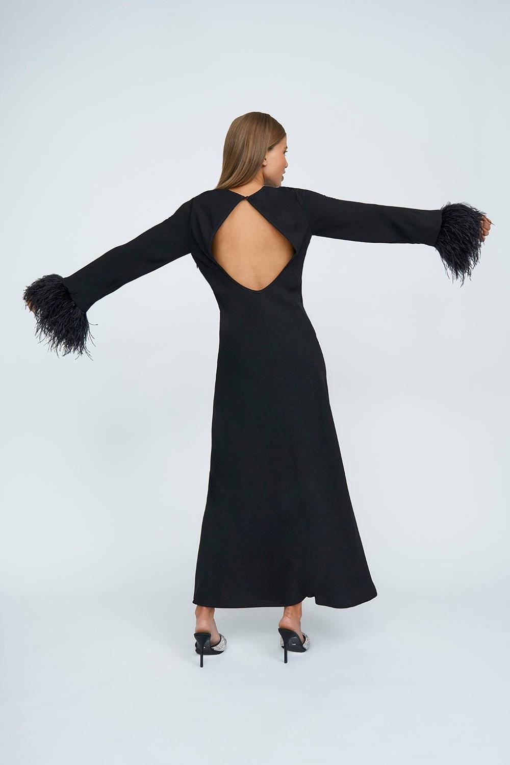 BY JOHNNY By Johnny Miranda Feather Cuff Full Length Dress - Black BELLA n' BEAR