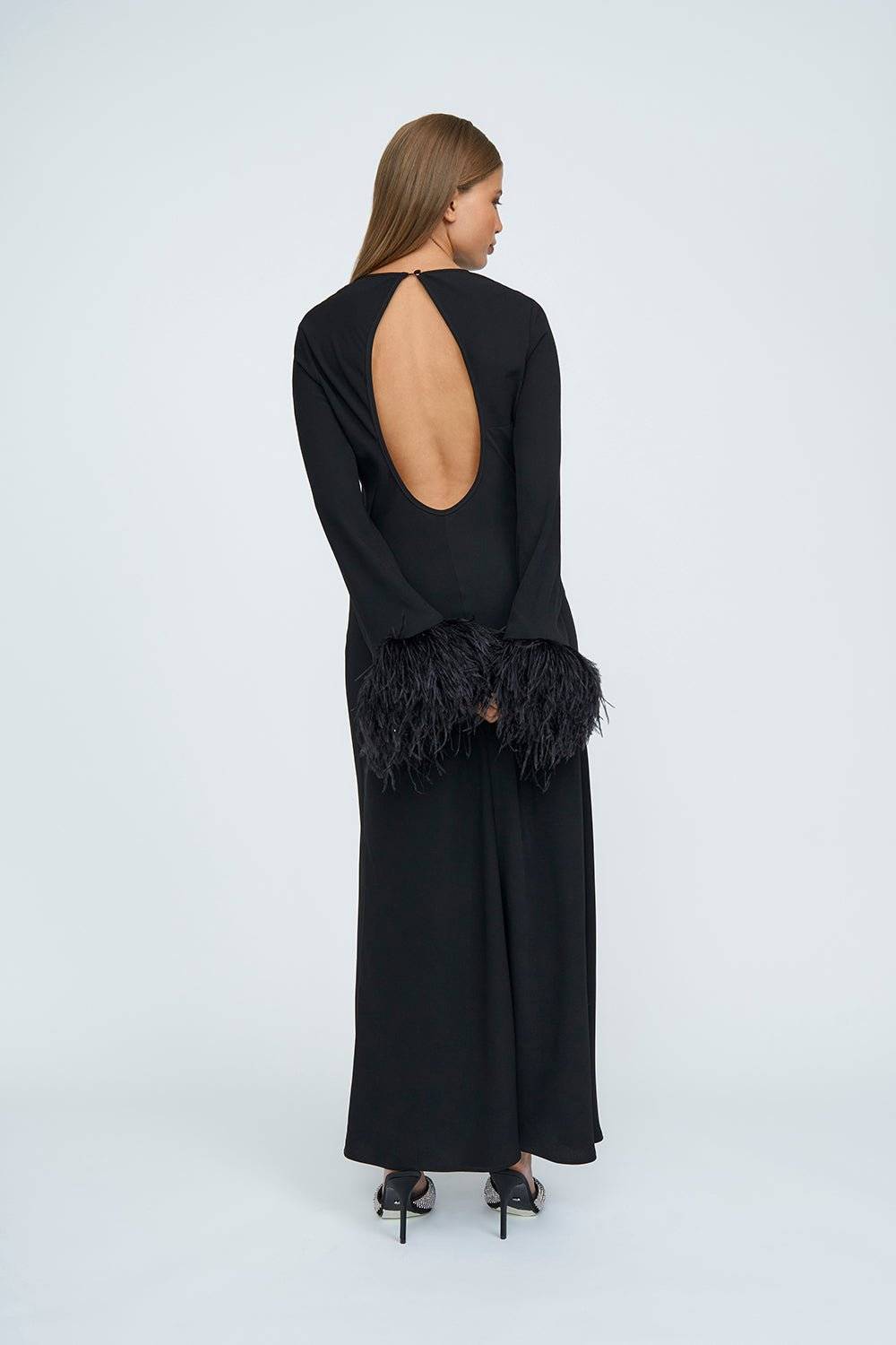 BY JOHNNY By Johnny Miranda Feather Cuff Full Length Dress - Black BELLA n' BEAR