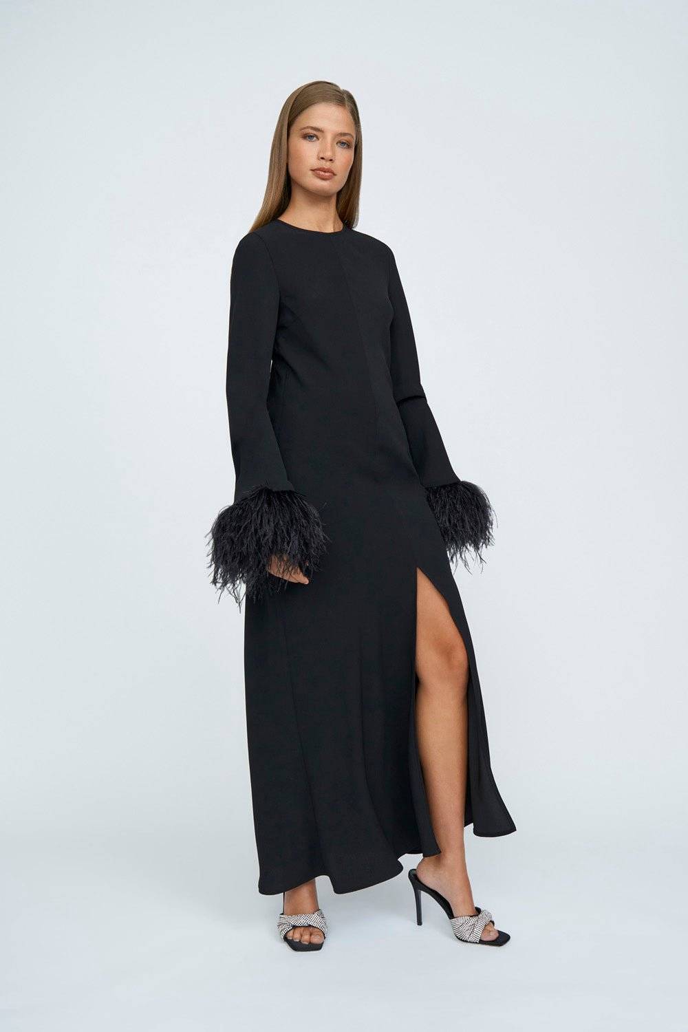 BY JOHNNY By Johnny Miranda Feather Cuff Full Length Dress - Black BELLA n' BEAR