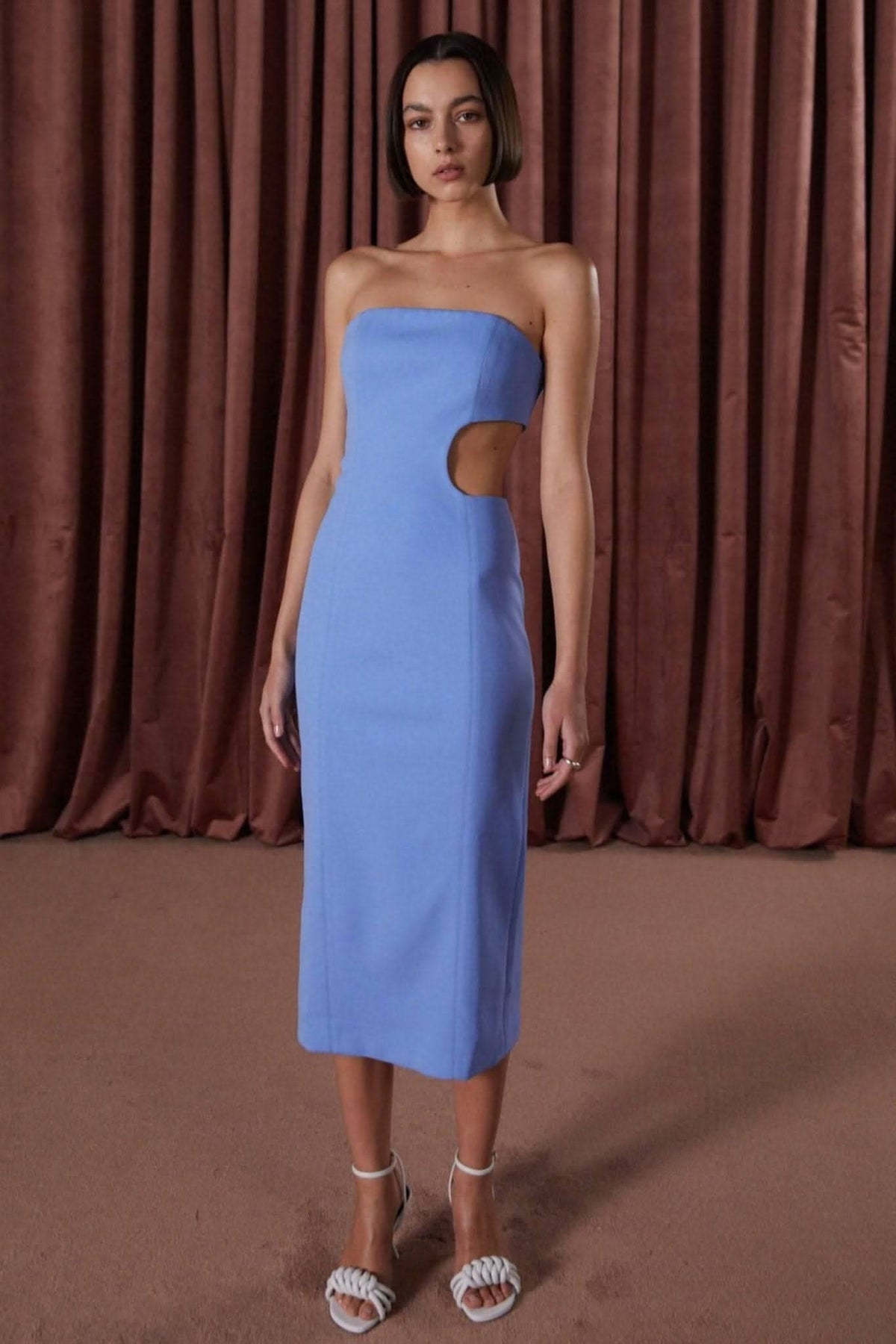 Cornflower blue strapless midi dress with sculpted waist and side cutout