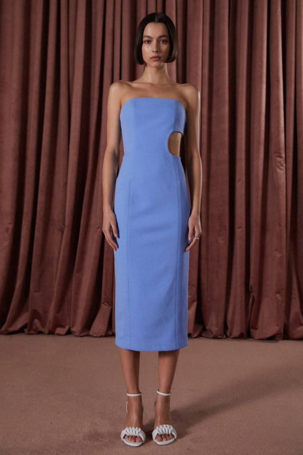 Cornflower blue strapless midi dress with side cutout, fitted waist