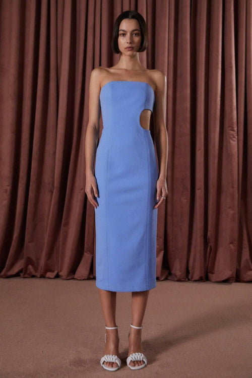 Cornflower blue strapless midi dress with side cutout, fitted waist